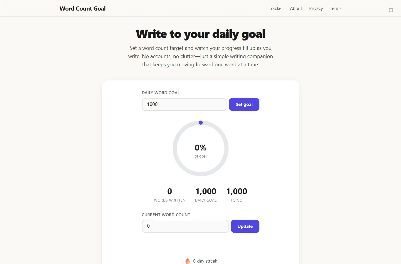 Screenshot of Word Count Goal – Track daily writing progress interface showing the project page in use